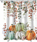 Fall Thanksgiving Shower Curtain, Autumn Pumpkins Eucalyptus Leaves Shower Curtains Set with Hooks, Blue Sage Green Orange Waterproof Fabric Bathroom Curtains Decor Accessories,72X 96 Inch Extra Long