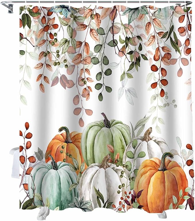 Fall Thanksgiving Shower Curtain, Autumn Pumpkins Eucalyptus Leaves Shower Curtains Set with Hooks, Blue Sage Green Orange Waterproof Fabric Bathroom Curtains Decor Accessories, Stall Long 54 X 78