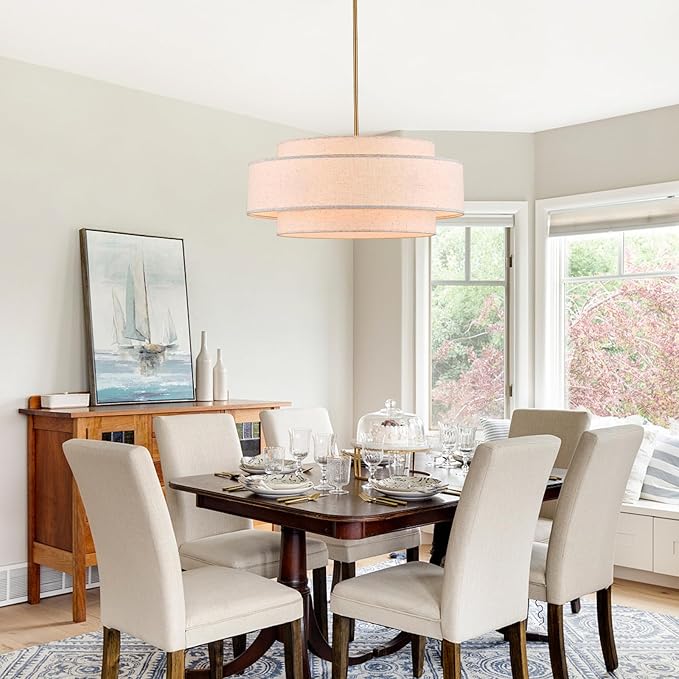 Modern 23.6" Large Drum Chandelier 6-Lights Vintage Modern Chandelier Light Fixture with Linen Shade Retro Farmhouse Drum Chandeliers for Dining Room, Kitchen Island, Living Room, Bedroom