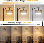 Ambimall Arc Floor Lamp for Living Room with Remote, Color Temperature & Brightness Adjustable, Boho Standing Lamp with Rattan & Fabric Double Drum Shades, Bulb Included(Black)