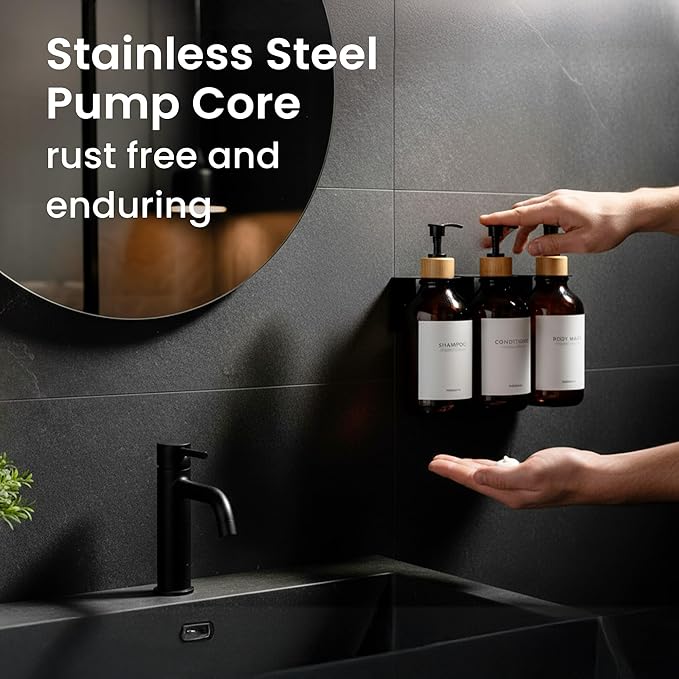 MaisoNovo Shampoo and Conditioner Dispenser - Shower Soap Dispenser Wall Mounted - 16.9 fl oz Set of 3 Amber Plastic Bottles Black Bamboo Pump - Shampoo Dispenser, Shower Dispenser 3 Chamber No Drill