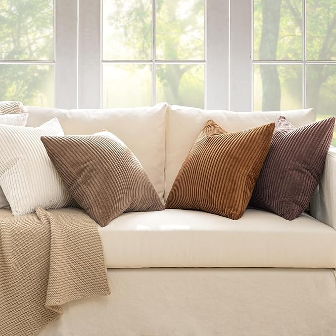 MIULEE Boho Farmhouse Fall Throw Pillow Covers 18x18 Inch Set of 4 Rustic Mordern Neutral Cushion Covers Soft Corduroy Nordic Home Decor for Couch Bed Sofa Living Room Brown