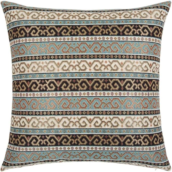 Boho Square Throw Pillow Covers Turquoise and Black - 20 x 20 Inches Decorative Kilim Pillows, Hippy Room Decor for Couch, Bohemian Outdoor Case for Farmhouse, for Sofa