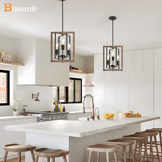 3-Light Chandelier for Entryway, Modern Farmhouse Chandelier for Foyer Bedroom Light Fixture, Rustic Hanging Lights for Dining Room Living Kitchen Island, Adjustable Black and Imitation Wood