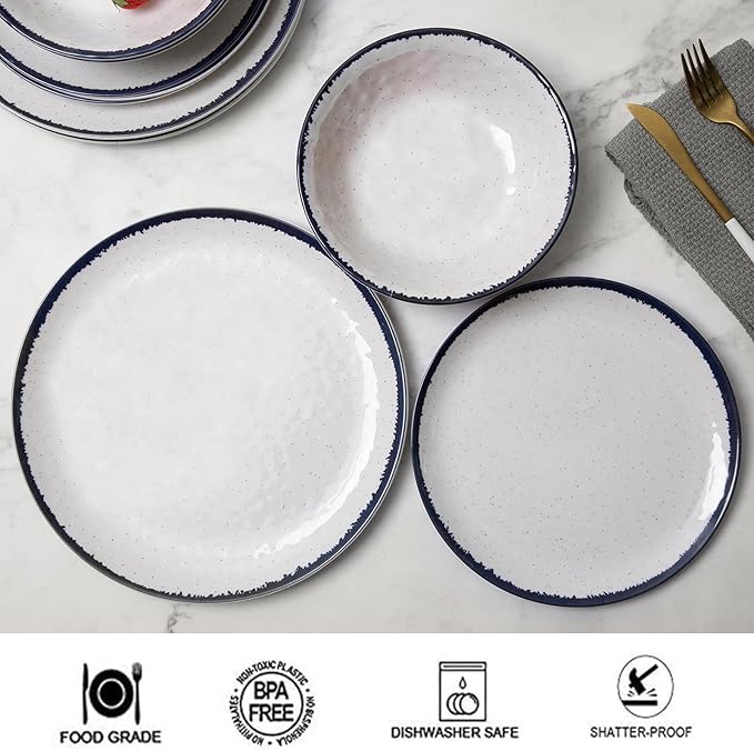 12-Piece Melamine Dinnerware Set for 4 - Retro Speckled Pattern Plates & Bowls, Lightweight & Scratch Resistant, Indoor/Outdoor Use