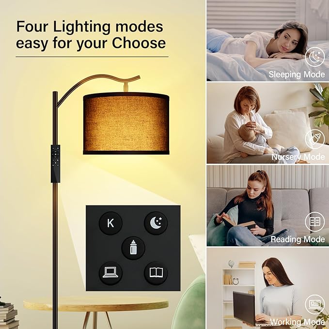 BoostArea Floor Lamp for Living Room,Arc Floor Lamp with Remote Control,Stepless Dimmable Brightness & Colors Temperature 2700k-6500k,Modern Standing Lamp for Bedroom Study Room Office,Black