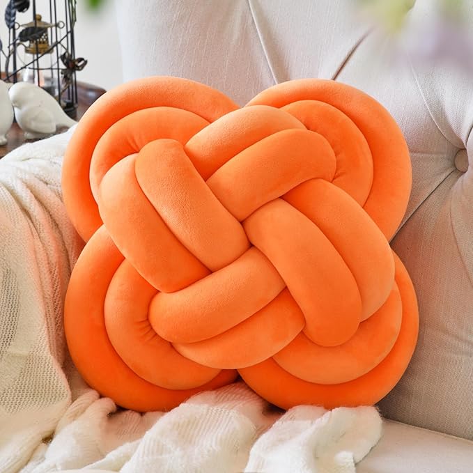 Xuyier Knot Pillow Ball, Decorative Throw Pillows with Velvet Fabric for Couch Bed, 12" Decor Knotted Square Floor Pillow Cushions for Living Room (12 Inches, Orange)