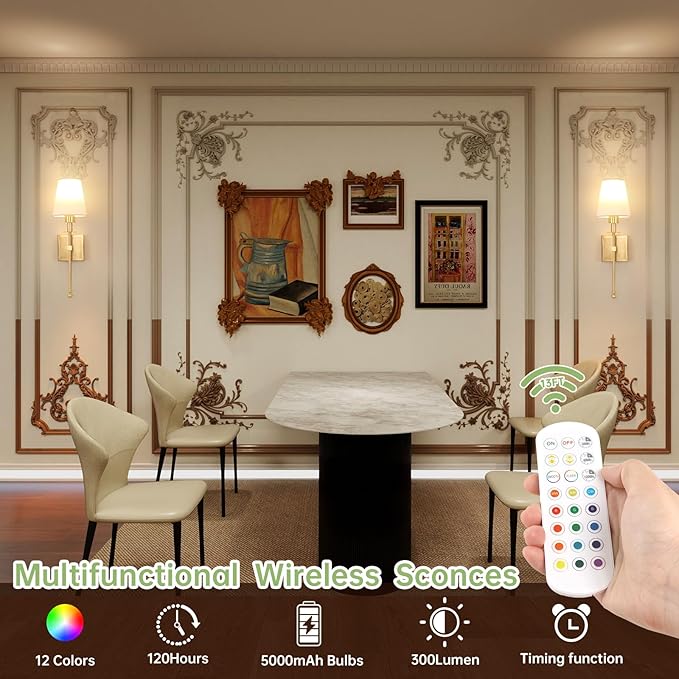 Battery Operated Wall Sconces Set of 2, 5000 mAh Rechargeable Bulb with 12 RGB Colors Dimmable Wall Sconce for Living Room Bedroom,Gold