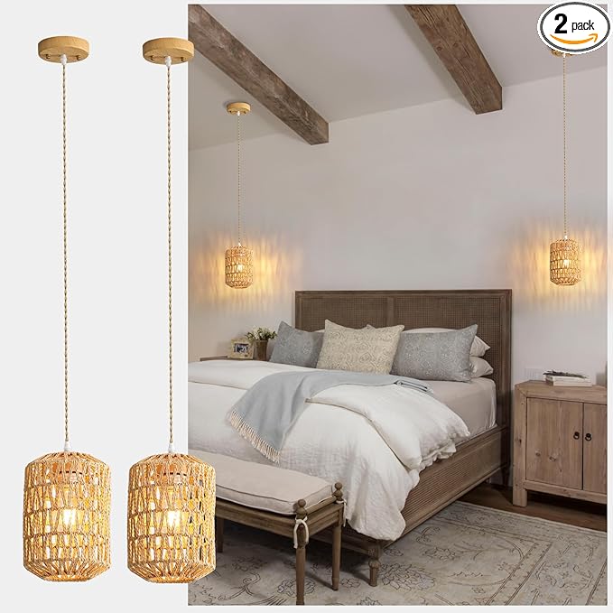 2-Light Rattan Pendant Light, Boho Light Fixture for Dining Room, Small Wicker Light Fixture, Rattan Chandelier Woven Hanging Light, for Kitchen Island Bedroom Hallway, ETL Listed