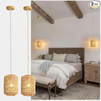 2-Light Rattan Pendant Light, Boho Light Fixture for Dining Room, Small Wicker Light Fixture, Rattan Chandelier Woven Hanging Light, for Kitchen Island Bedroom Hallway, ETL Listed