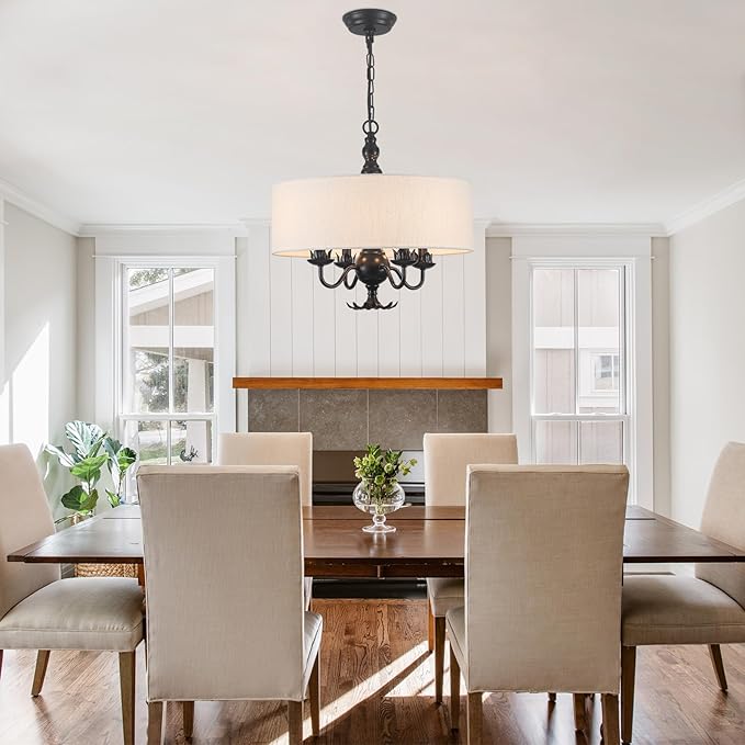 Drum Chandelier, 17.71” Farmhouse Chandeliers for Dining Room 4-Light with White Linen Drum Shade, Adjustable Height Round Chandelier Hanging Light for Kitchen Living Room Bedroom, UL-Listed