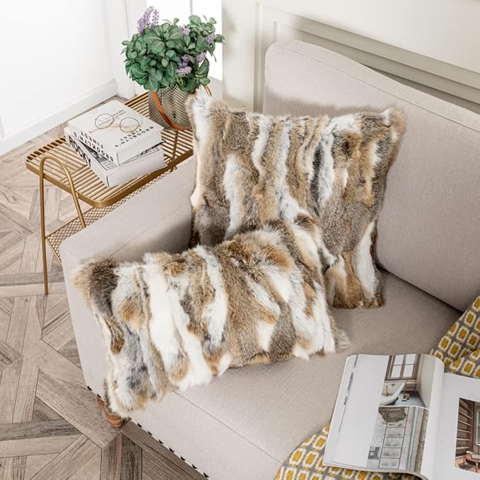 Rabbit Hide Skin Fur Pillowcase Throw Decorative for Living Room,Beds Cushion Cover Fur Pillow Case Cushion Cover (Yellow 50×50cm（20in×20in）
