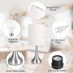 Boncoo Touch Control Table Lamp, 3 Way Dimmable Simple Night Light Lamp with White Lampshade Silver Metal Base, Small Bedside Table Lamp for Bedroom, Office, Dorm, A19 9W 3000K Bulb Included