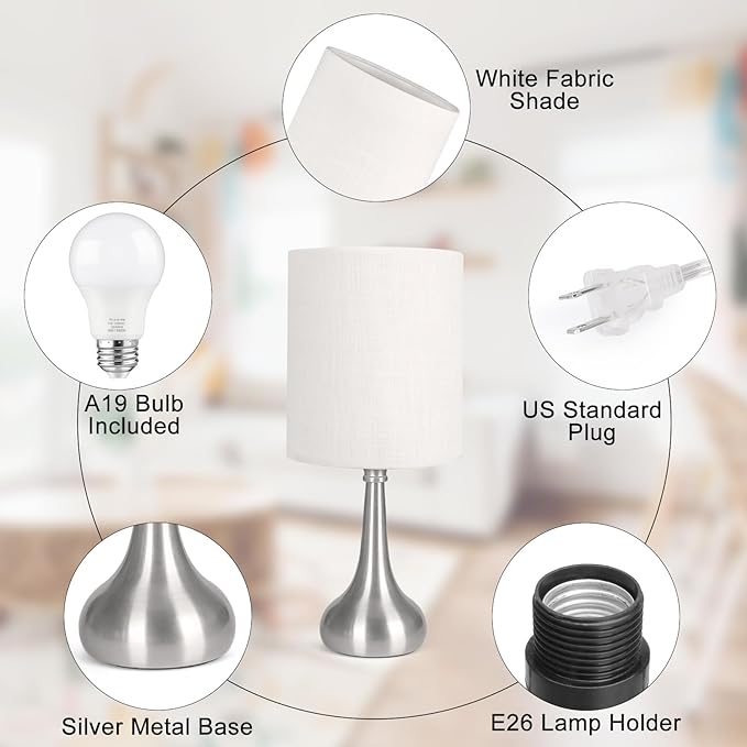 Boncoo Touch Control Table Lamp, 3 Way Dimmable Simple Night Light Lamp with White Lampshade Silver Metal Base, Small Bedside Table Lamp for Bedroom, Office, Dorm, A19 9W 3000K Bulb Included
