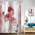 Rustic Farmhouse Shower Curtain, Farm Red Daisy Floral Flowers and Butterfly, Light Burgundy Gray Shower Curtain with 12PCS Hooks, 48X70IN