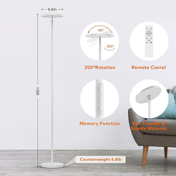 Floor Lamp,Bright 36W 3500LM Standing Lamp with Remote, 2700K Soft White to 6500K Cool White Adjustable,Touch Control Dimmable Torchiere Tall Light for Living Room,Bedroom,Office,Sofa(White)
