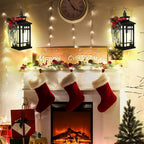 Metal Christmas Decorative Candle Lantern with Led Light,Red Plaid Ribbon,Lighted Hanging Vintage Lanterns for Home Decor Table Fireplace Porch Indoor Outdoor Decorations,Serpro