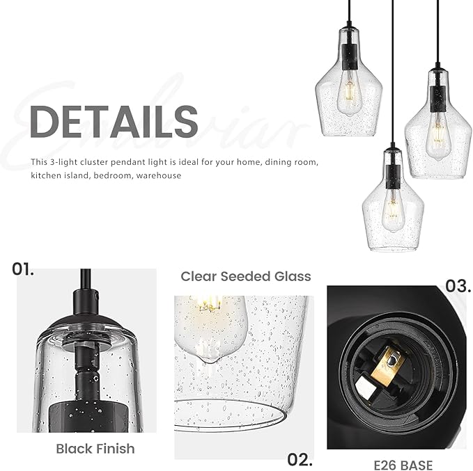 Emliviar 3-Light Chandelier Hanging Light Fixture, Modern Cluster Pendant Lighting for Kitchen Island with Clear Seeded Glass, Black Finish, DYE286G2-3 BK