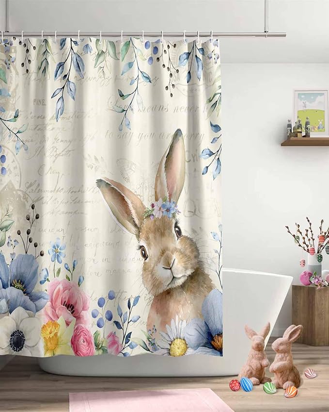 Vandarllin Spring Easter Shower Curtain, Floral Bunny Shower Curtains Set with Hooks, Flower Leaves Rabbit Waterproof Fabric Bathroom Curtains Decor Accessories, Stall Long 54 X 78