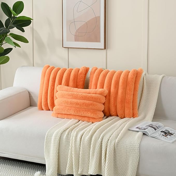 FUTEI Orange Decorative Throw Pillow Covers 16x16 Inch Set of 2, Square Soft Faux Rabbit Fur Big Striped Cushion Cover,Home Decor for Couch Sofa Bed Living Room