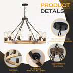 Farmhouse Wagon Wheel Chandelier 31" Wooden Rustic Light Fixtures 12-Light Wood Round Chandelier for Dining Room Living Room Entryway Foyer