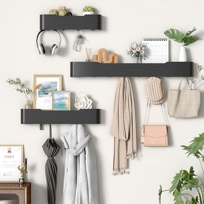Coat Rack Wall Mount Entryway Organizer Modern Key Holder Wall Mount with Wooden Shelf Entryway Hooks for Bedroom Kitchen Hallway Bathroom for Hanging Coats Hats Bags Towels