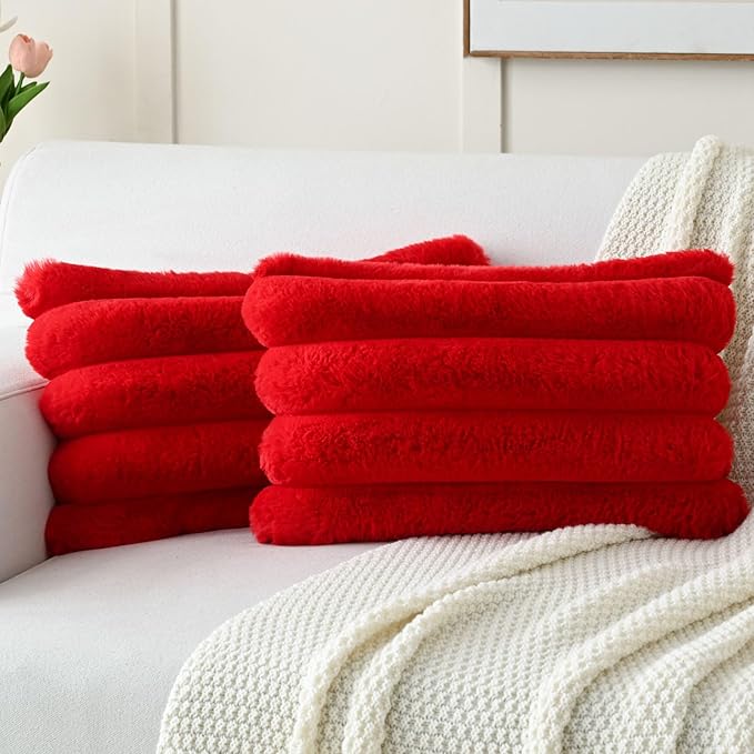 FUTEI Red Decorative Throw Pillow Covers 12x20 Inch Set of 2, Square Soft Faux Rabbit Fur Big Striped Cushion Cover,Home Decor for Couch Sofa Bed Living Room