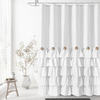 Seasonwood White Ruffle Shower Curtain Farmhouse Shower Curtain 72 X 84 inch Fabric Shower Curtains with Buttons & White Ruffles for Bathroom Bathtubs Decor Accessory