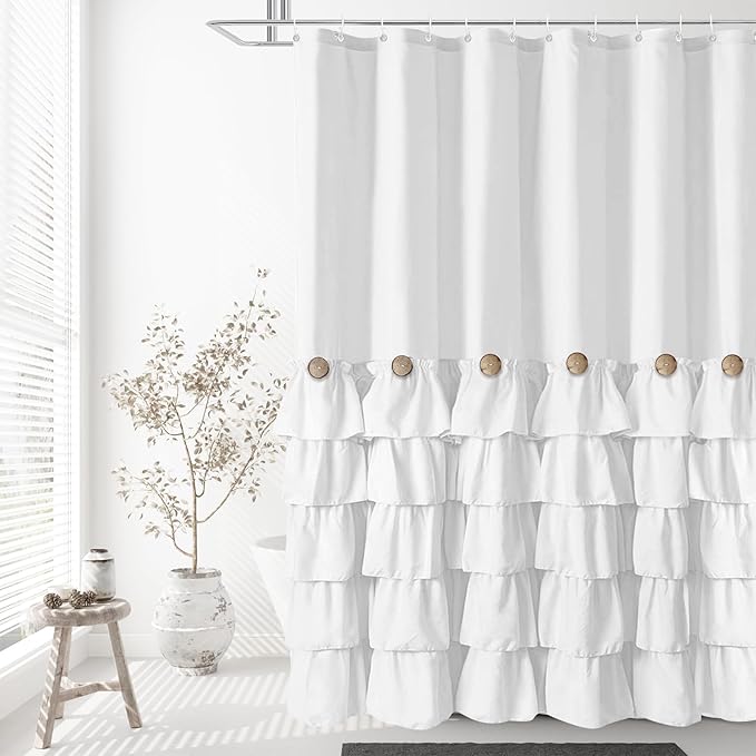 White Ruffle Shower Curtain Farmhouse Shower Curtain Set with 12 Hooks 72 X 78 inch Fabric Shower Curtains with Buttons & White Ruffles for Bathroom Bathtubs Decor Accessory