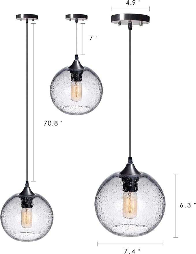ARIAMOTION Pendant Lights Kitchen Island 3 Pack Hand Blown Glass Modern Farmhouse Lighting Clear Seeded Bubbles Dining Room Table Coffee Bar Counter Brushed Nickel Globe Shape 7.5 Inch Diam