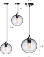 ARIAMOTION Pendant Lights Kitchen Island 3 Pack Hand Blown Glass Modern Farmhouse Lighting Clear Seeded Bubbles Dining Room Table Coffee Bar Counter Brushed Nickel Globe Shape 7.5 Inch Diam