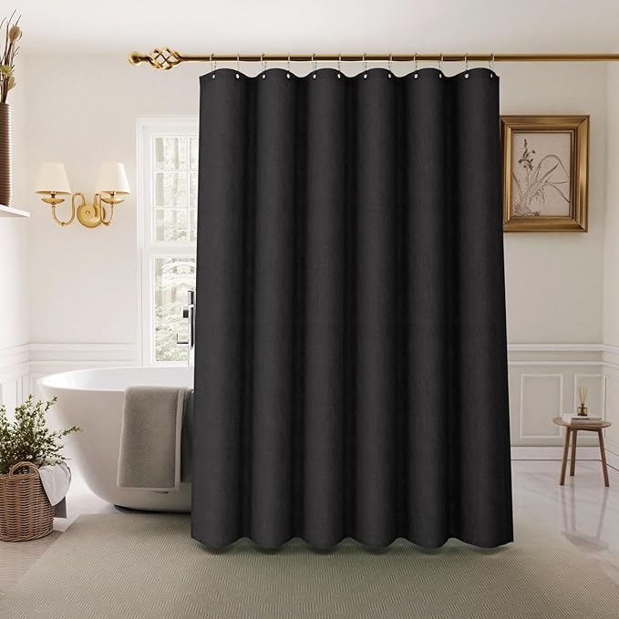 Inhousolu Boho Farmhouse Shower Curtain with Fabric Liner Set, Faux Linen Textured, 14 Metal Hooks Luxury Weighted Hem, Washable Wrinkle Free Bath Curtain for Hotel Bathroom 72" W x 84" L Black