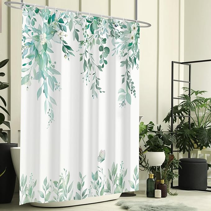 Eucalyptus Shower Curtain, Teal Watercolor Leaves with Floral Botanical Bathroom Decor, Waterproof Fabric Bath Curtain Set with Hooks, 72x84 Inches