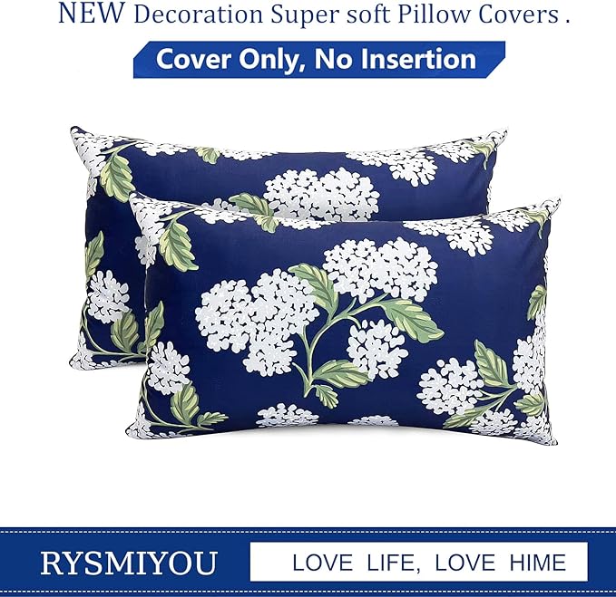 Decorative Throw Pillow Covers Set of 2 Blue Hydrangea Pillow Covers 12x20 inch Super Soft Short Plush Square Floral Throw Pillows,Farmhouse Outdoor Pillow Covers for Couch Living Room
