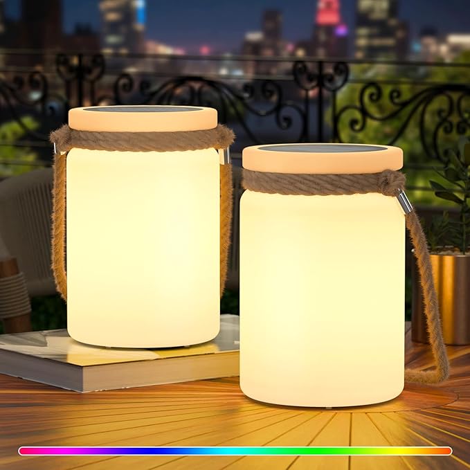 uuffoo Solar Table Lamp Lantern LED Outdoor Cordless IP44 RGB and Warm White Dimmable for Patio Camping Restaurant Terrace (White 2 Pack)