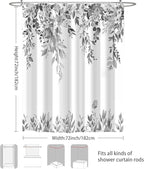 Eucalyptus Shower Curtain, Grey Watercolor Leaves with Floral Botanical Bathroom Decor, Waterproof Fabric Bath Curtain Set with Hooks, 72x72 Inches