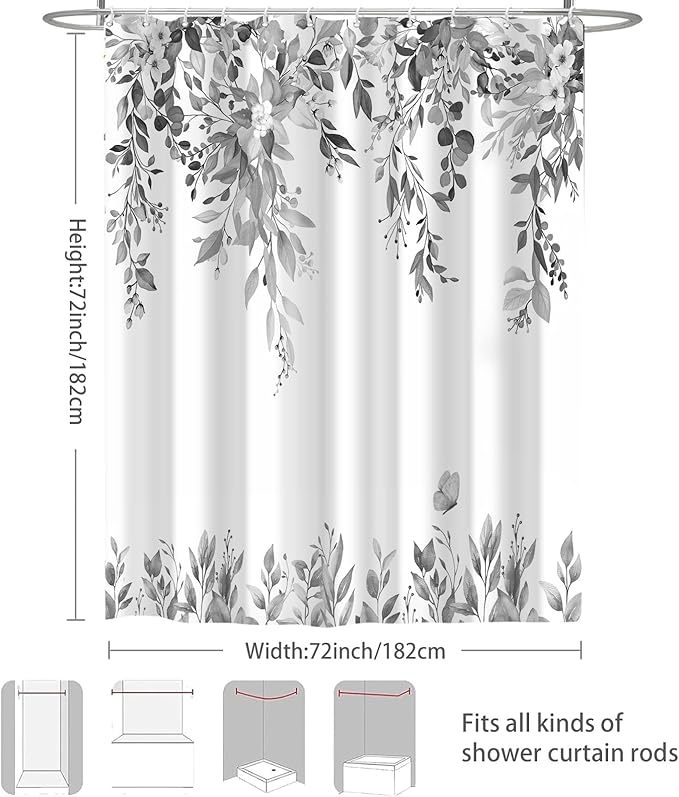 Eucalyptus Shower Curtain, Grey Watercolor Leaves with Floral Botanical Bathroom Decor, Waterproof Fabric Bath Curtain Set with Hooks, 72x72 Inches