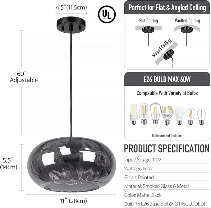 Smoked Grey Glass Pendant Lighting, 11" Hammered Lampshade Hanging Lamp, 1-Light Matte Black Chandelier for Dining Living Room Kitchen Island