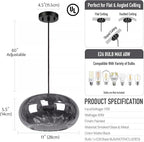 Smoked Grey Glass Pendant Lighting, 11" Hammered Lampshade Hanging Lamp, 1-Light Matte Black Chandelier for Dining Living Room Kitchen Island