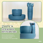 Wrova Wheat Straw Dinnerware Sets of 20,Dishwasher Safe Kitchen Plates and Bowls Sets,Camping Dishes Sets Contains Dinner Plates,Cereal Bowls,Drinking Cups and Flatware.(Blue)