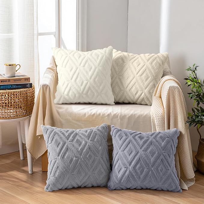 decorUhome Set of 4 Faux Fur Throw Pillow Covers 20x20, Decorative Soft Couch Pillow Covers with Velvet Back for Modern Sofa Living Room, Grey/Beige