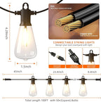 Kawaya Outdoor String Lights 100 FT LED Patio Light - 50+2 Shatterproof Vintage Edison Bulbs - 2700K Dimmable IP65 Waterproof Outside Hanging Lighting for Yard Porch Deck Balcony Bistro Cafe Party
