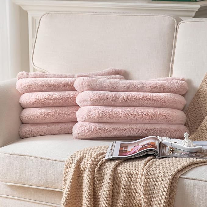 Faux Fur Plush Throw Pillow Covers 12x20 Inch Set of 2 - Luxury Decorative Fuzzy Striped Soft Cozy Pillowcase for Couch, Sofa, Living Room - Pink
