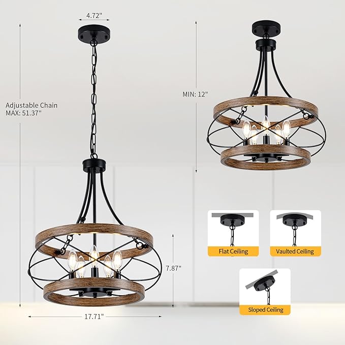 5-Light Farmhouse Chandelier, 17.72" Rustic Drum Dining Room Light Fixture, Vintage Wood Finish Metal Hanging Pendant Lighting, Industrial Candle Chandeliers for Living Room Kitchen Entryway Bedroom