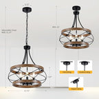 5-Light Farmhouse Chandelier, 17.72" Rustic Drum Dining Room Light Fixture, Vintage Wood Finish Metal Hanging Pendant Lighting, Industrial Candle Chandeliers for Living Room Kitchen Entryway Bedroom