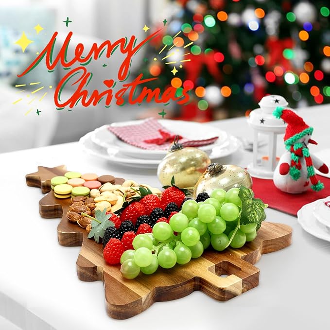 16.5" Wooden Christmas Tree Charcuterie Boards Acacia Wood Cutting Board with Handle Christmas Kitchen Decor Gifts Xmas Serving Cheese Board Festive Decorative Food Tray Holiday Xmas Tree Platters