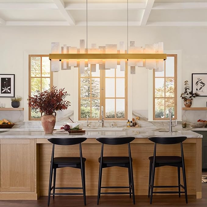 Alabaster Rectangle Chandelier, 48" Natural Spanish Marble Stone Texture Dimmable Alabaster Chandelier for Kitchen Island, Modern Luxury Lighting High Ceiling Light for Dining Room over Table