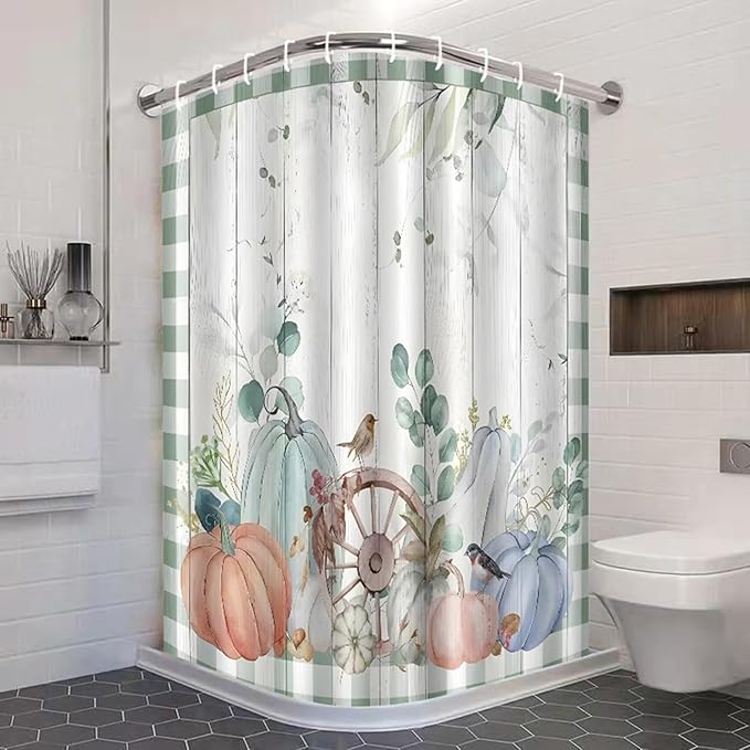 Fall Pumpkin Shower Curtain Eucalyptus Leaves Green Plaid Farmhouse Autumn Harvest Thanksgiving Bathroom Curtains Waterproof Polyester Fabric Bath Curtain 72 x 72 Inch with 12 Plastic Hooks