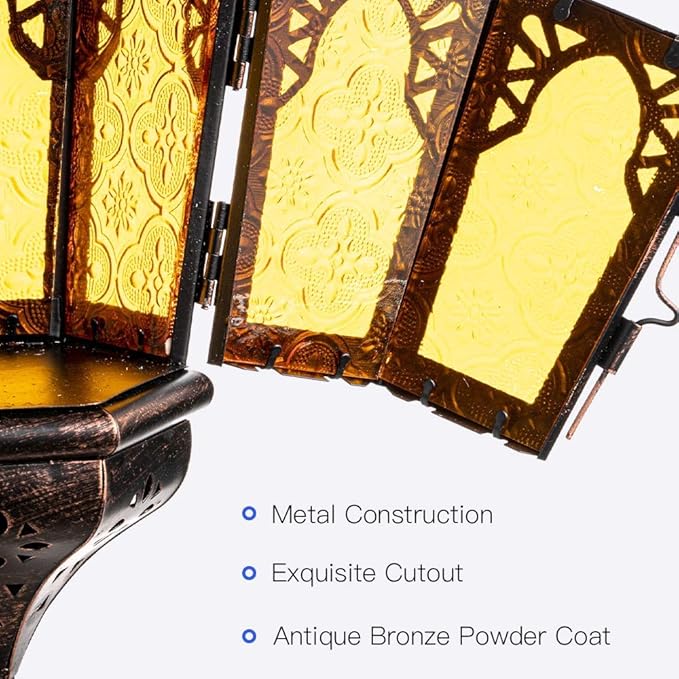 DECORKEY Moroccan Lantern Decorative Indoor & Outdoor, 13.6’’ Vintage Decorative Hanging Lanterns with Chian for Home Porch Patio Decor, Metal Ramadan Christmas Candle Holder Decorations (Amber)