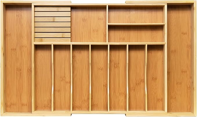 VaeFae Extra Large Kitchen Utensil Holder, Bamboo Silverware Drawer Organizer, Expandable Cutlery Organizer with Knife Block, Multifunctional Wooden Drawer Divider (10-12 compartments)